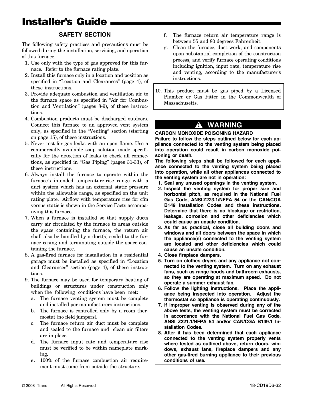 Trane UX1C100A9361A, UX1C100A9481A, UX1C080A9601A, UX1B080A9421A manual Safety Section, Carbon Monoxide Poisoning Hazard 