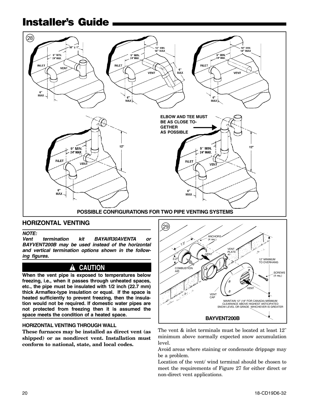 Trane UX1B060A9361A, UX1C100A9481A Horizontal Venting, Possible Configurations for TWO Pipe Venting Systems, BAYVENT200B 