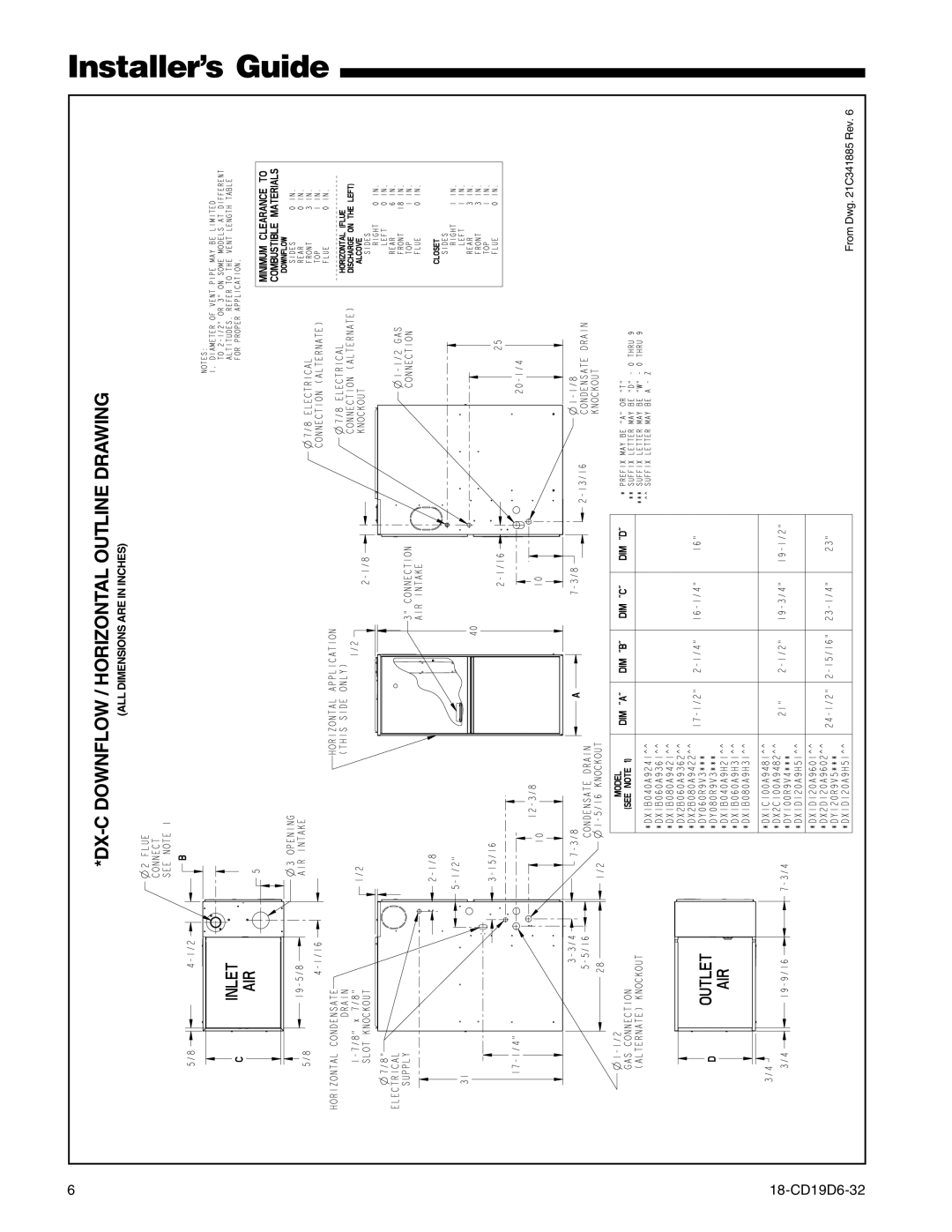 Trane UX1B060A9241A, UX1C100A9481A, UX1C080A9601A, UX1C100A9361A, UX1B080A9421A Downflow / Horizontal Outline Drawing, Dx-C 