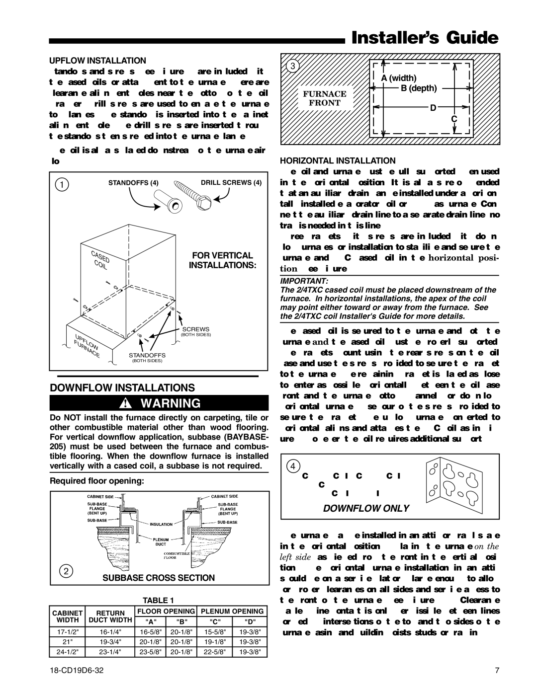 Trane UX1B040A9241A manual Downflow Installations, Upflow Installation, Subbase Cross Section, Horizontal Installation 