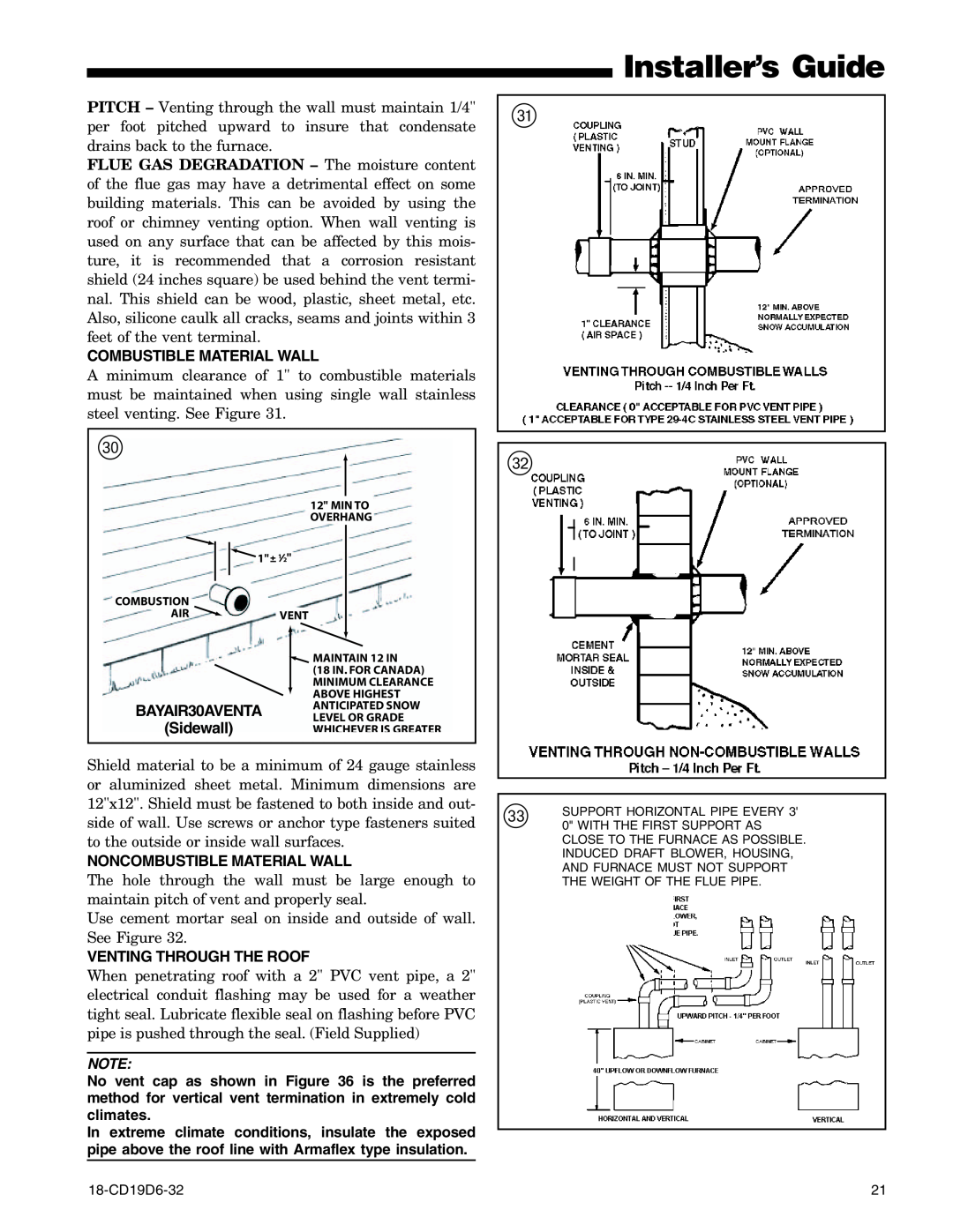 Trane UX1B060A9241A Installer’s Guide, Combustible Material Wall, BAYAIR30AVENTA Sidewall, Noncombustible Material Wall 