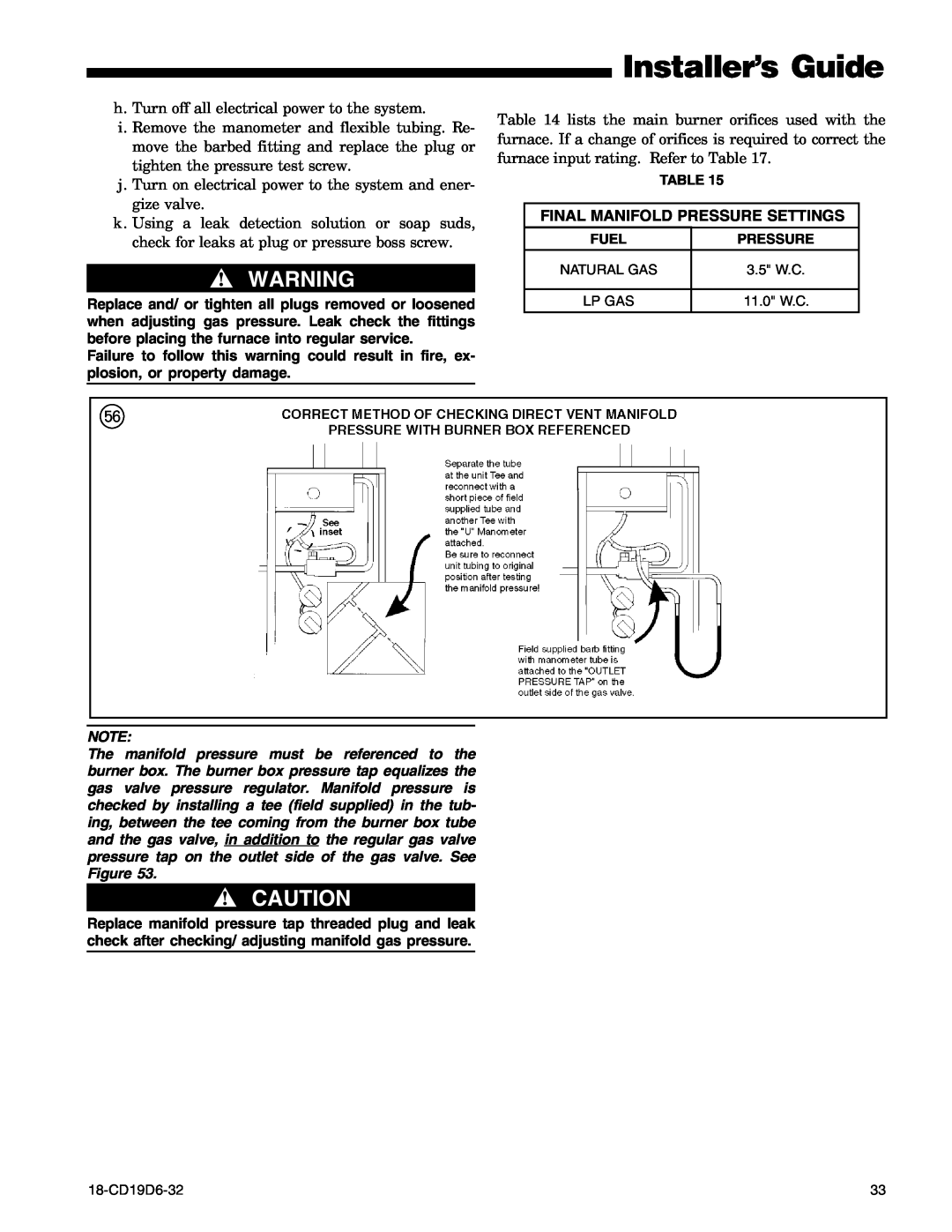 Trane UX1B080A9421A, UX1C100A9481A, UX1C080A9601A, UX1C100A9361A manual Installer’s Guide, Final Manifold Pressure Settings 