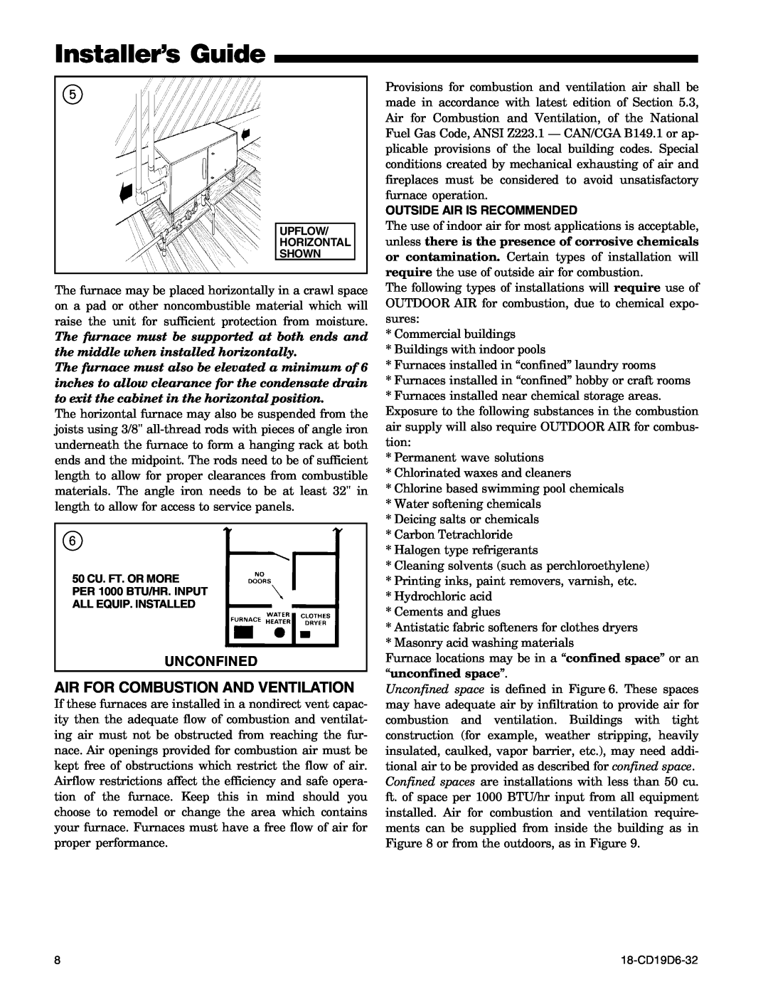 Trane DX1D120A9601A manual Installer’s Guide, Air For Combustion And Ventilation, Unconfined, Outside Air Is Recommended 