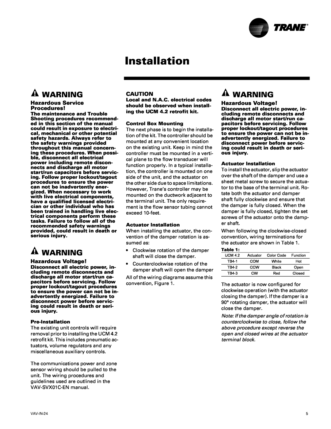 Trane Unit Control Module (UCM) 4.2 Retrofit Model VAV manual Installation, Hazardous Service Procedures, Hazardous Voltage 