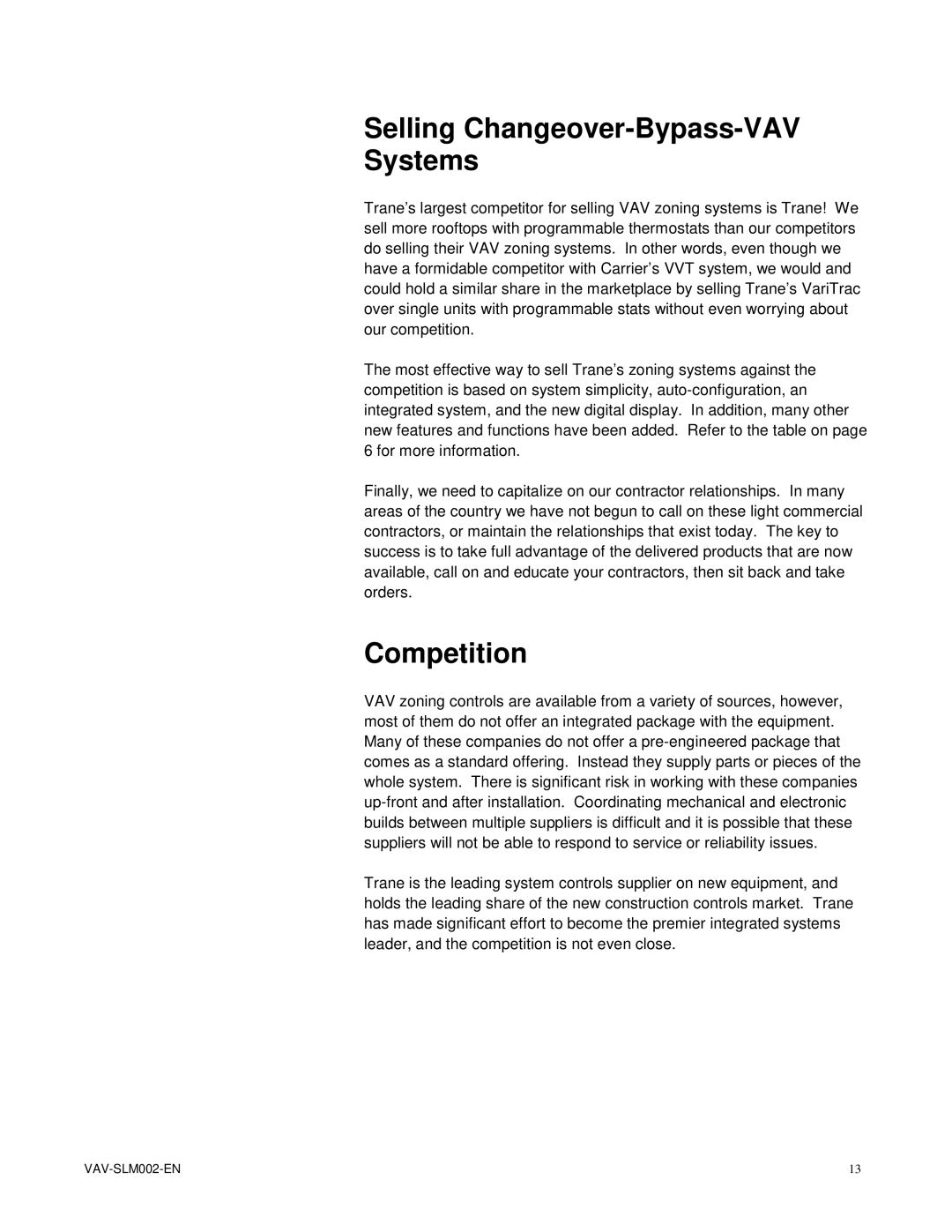 Trane VariTrac Changeover-Bypass VAV Systems, VAV-SLM002-EN manual Selling Changeover-Bypass-VAV Systems, Competition 