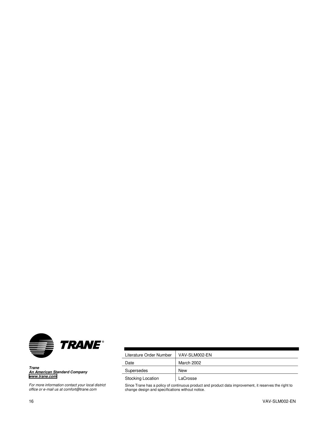 Trane VAV-SLM002-EN, VariTrac Changeover-Bypass VAV Systems manual Literature Order Number 