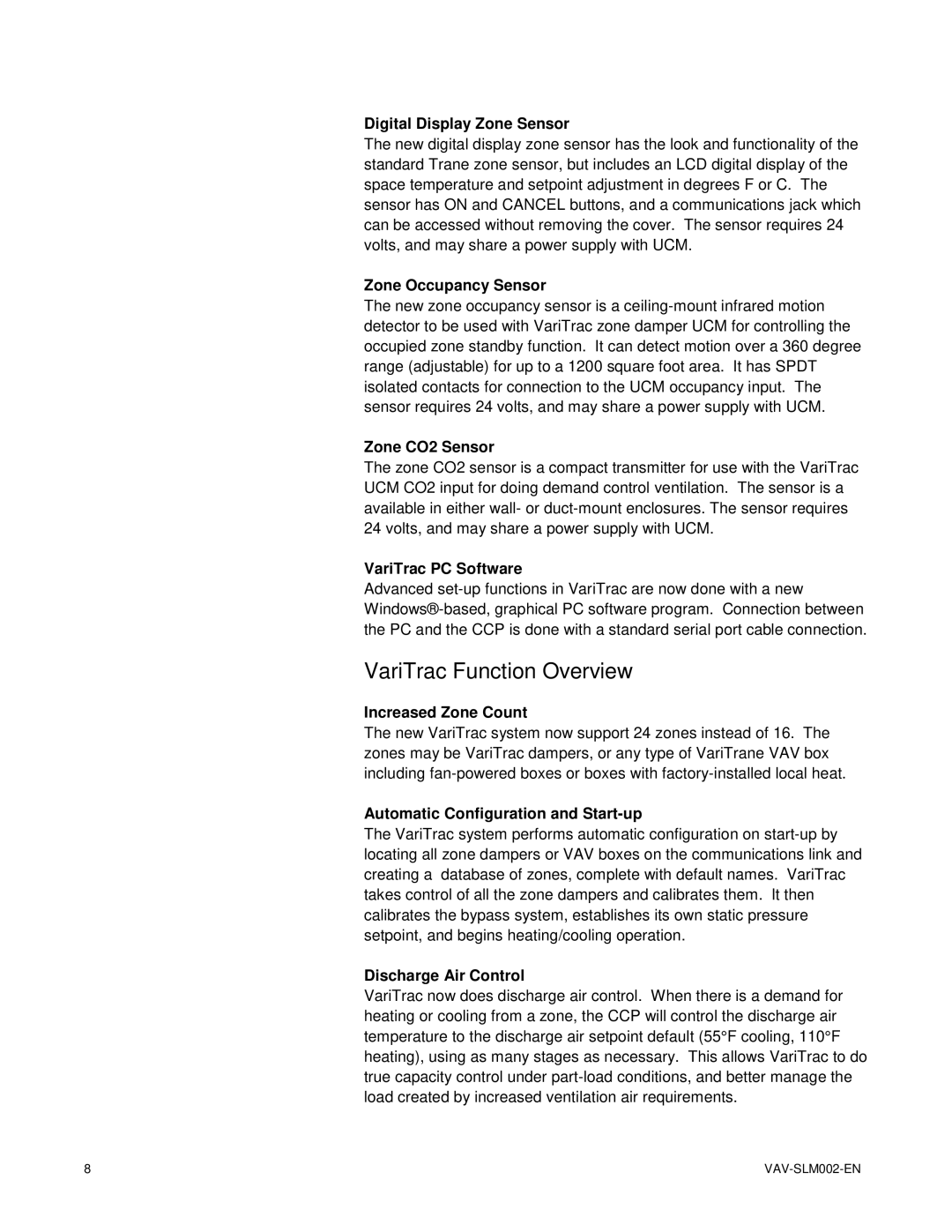 Trane VAV-SLM002-EN, VariTrac Changeover-Bypass VAV Systems manual VariTrac Function Overview, Digital Display Zone Sensor 