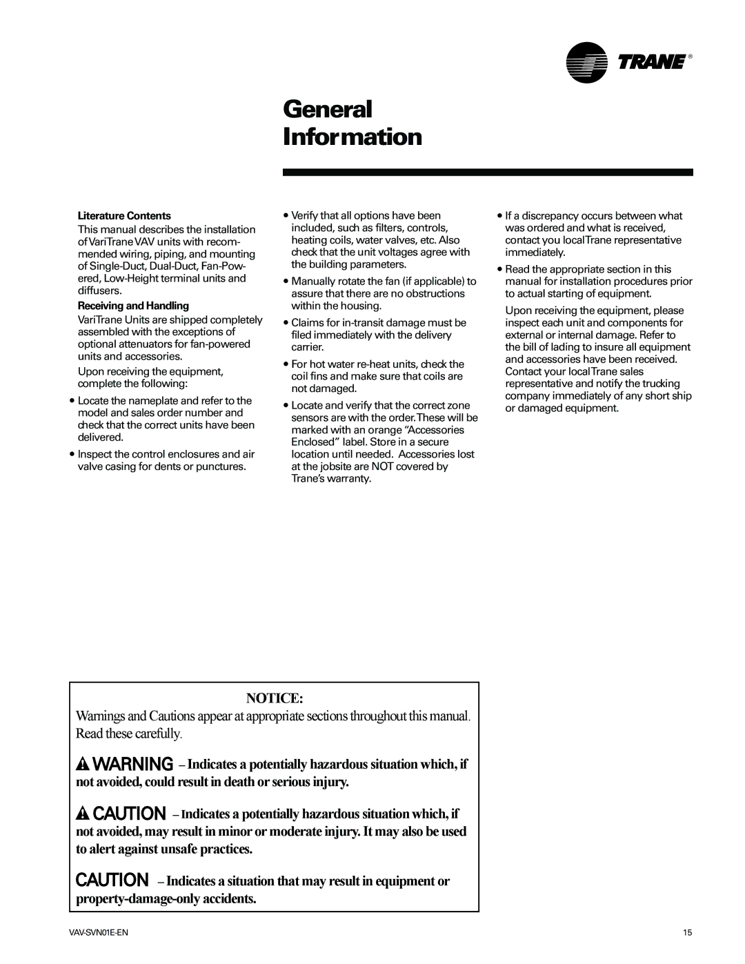 Trane Trane, VAV-SVN01E-EN manual General Information, Literature Contents, Receiving and Handling 