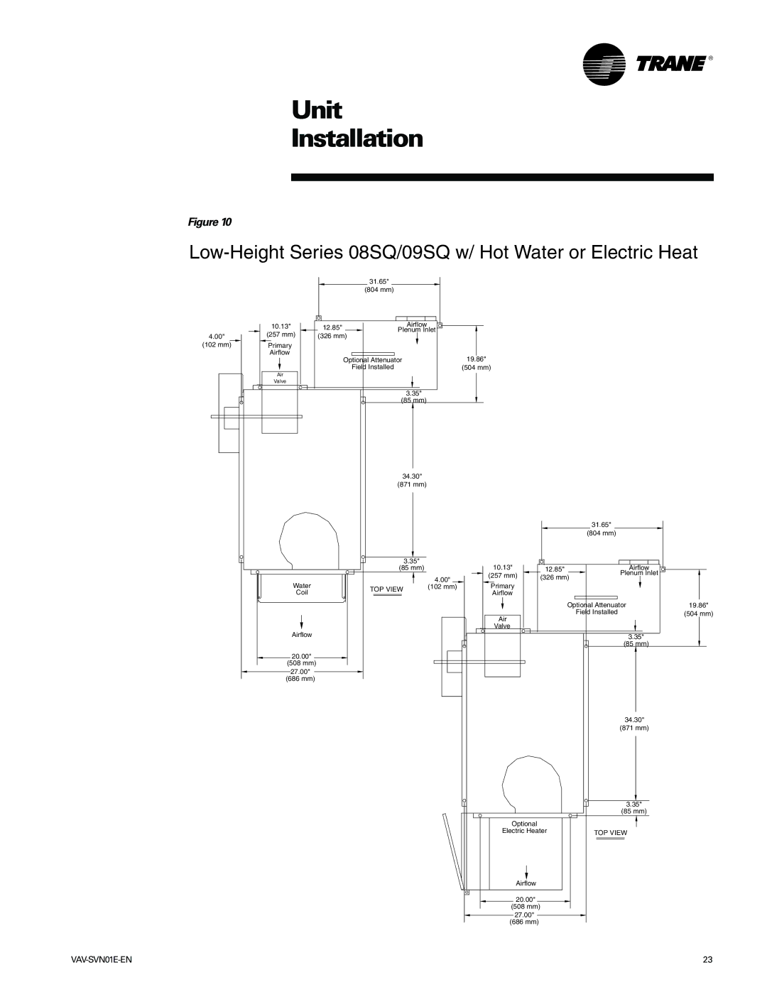 Trane Trane, VAV-SVN01E-EN manual Low-Height Series 08SQ/09SQ w/ Hot Water or Electric Heat 