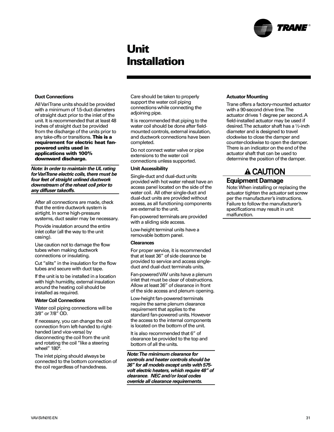 Trane Trane, VAV-SVN01E-EN manual Equipment Damage 