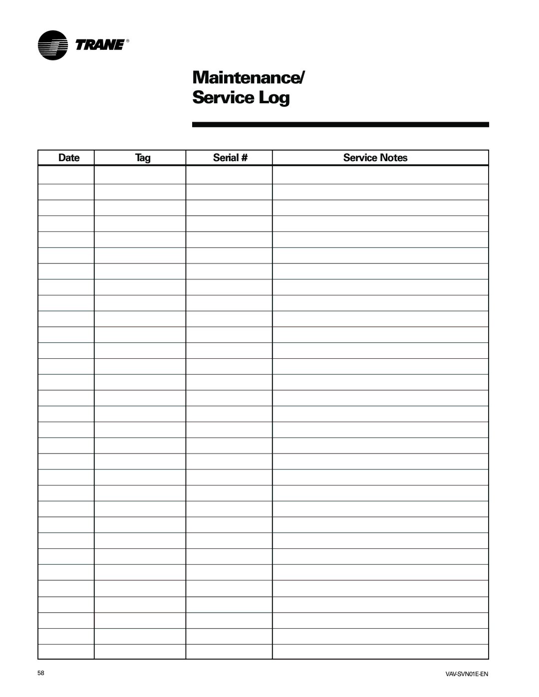 Trane VAV-SVN01E-EN, Trane manual Maintenance/ Service Log 