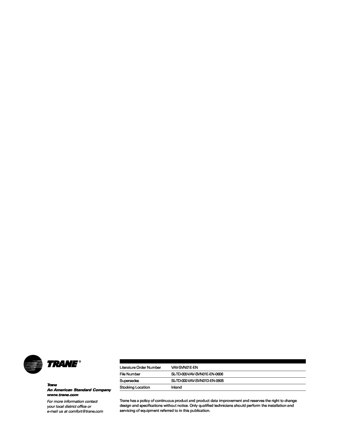 Trane VAV-SVN01E-EN, Trane manual 