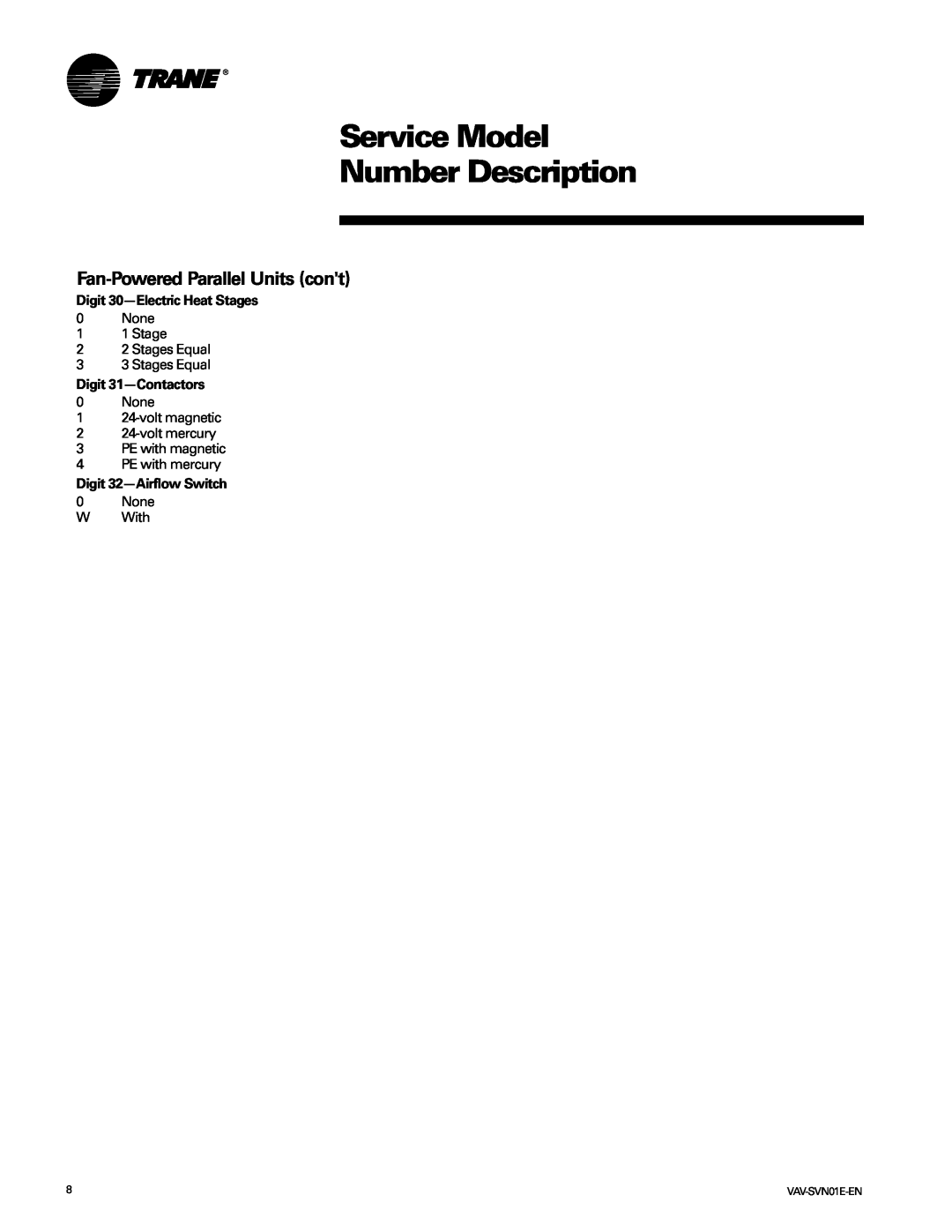 Trane VAV-SVN01E-EN, Trane manual Service Model Number Description, Fan-PoweredParallel Units cont 