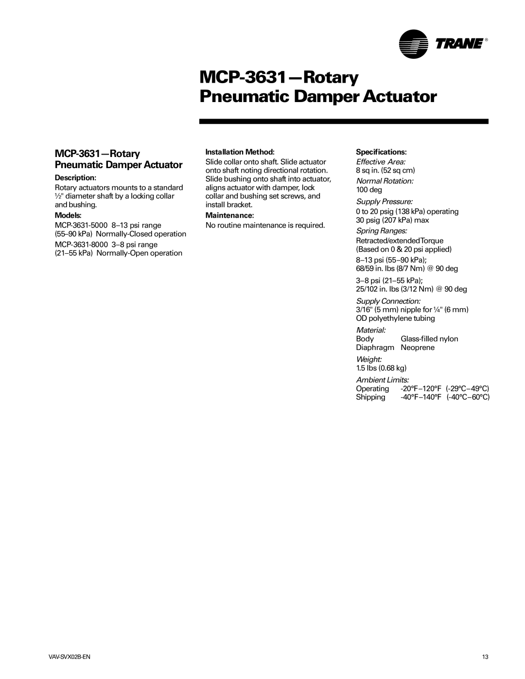Trane VAV-SVX02B-EN manual MCP-3631-Rotary Pneumatic Damper Actuator 