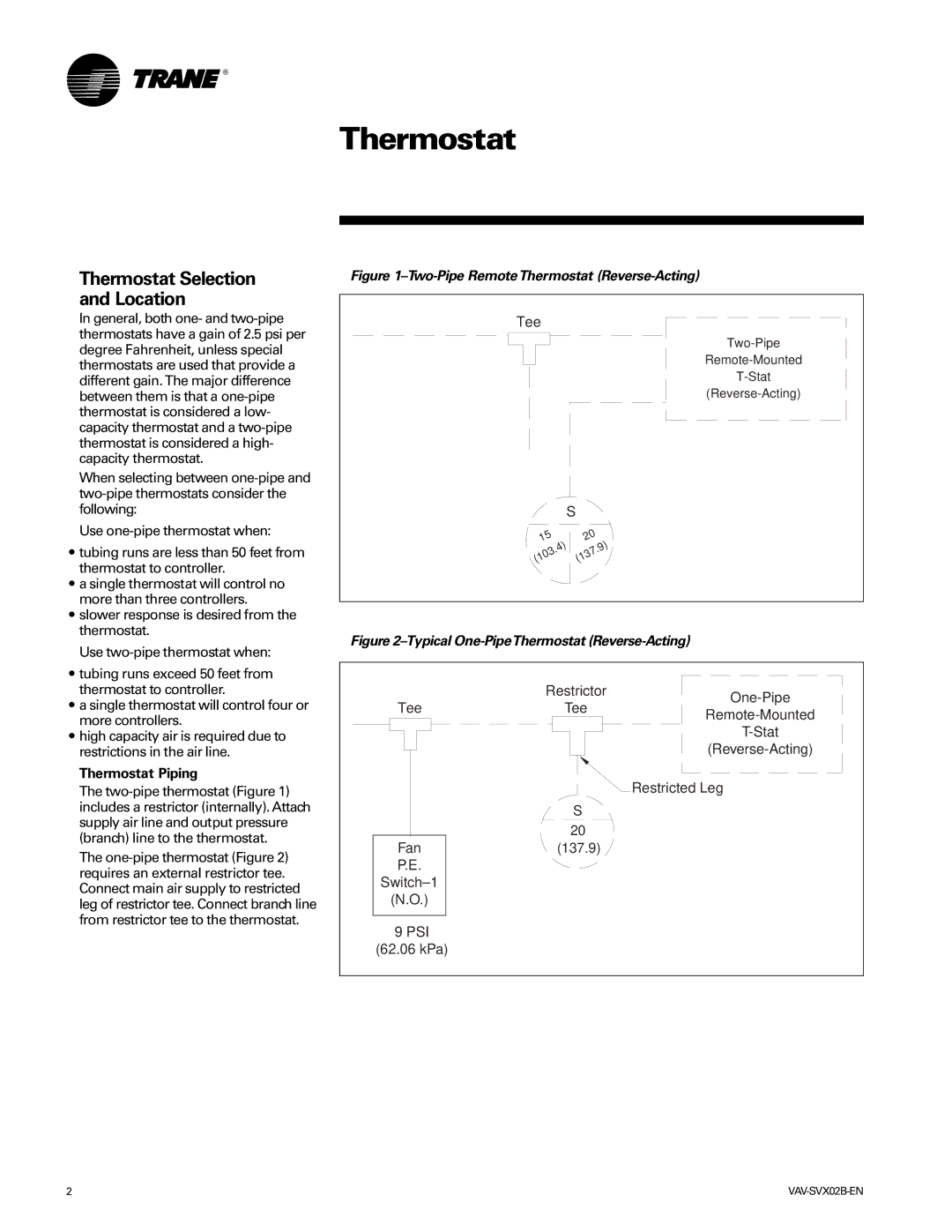 Trane VAV-SVX02B-EN manual Thermostat Selection and Location, Thermostat Piping 