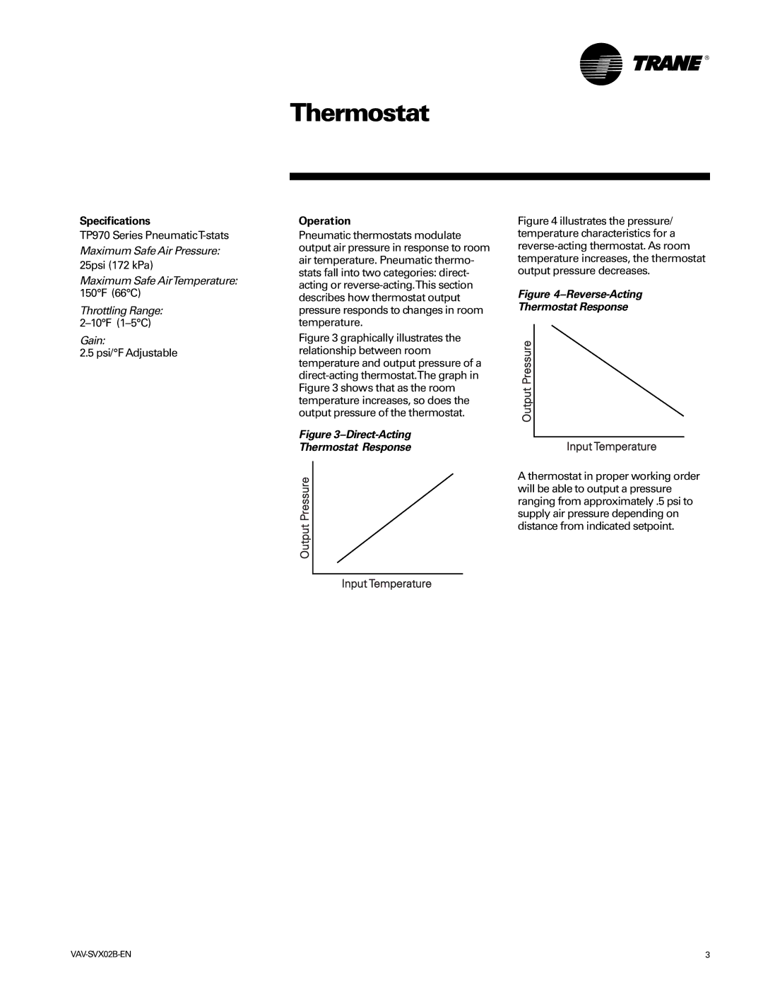 Trane VAV-SVX02B-EN manual Specifications, Operation, Output Pressure Input Temperature 