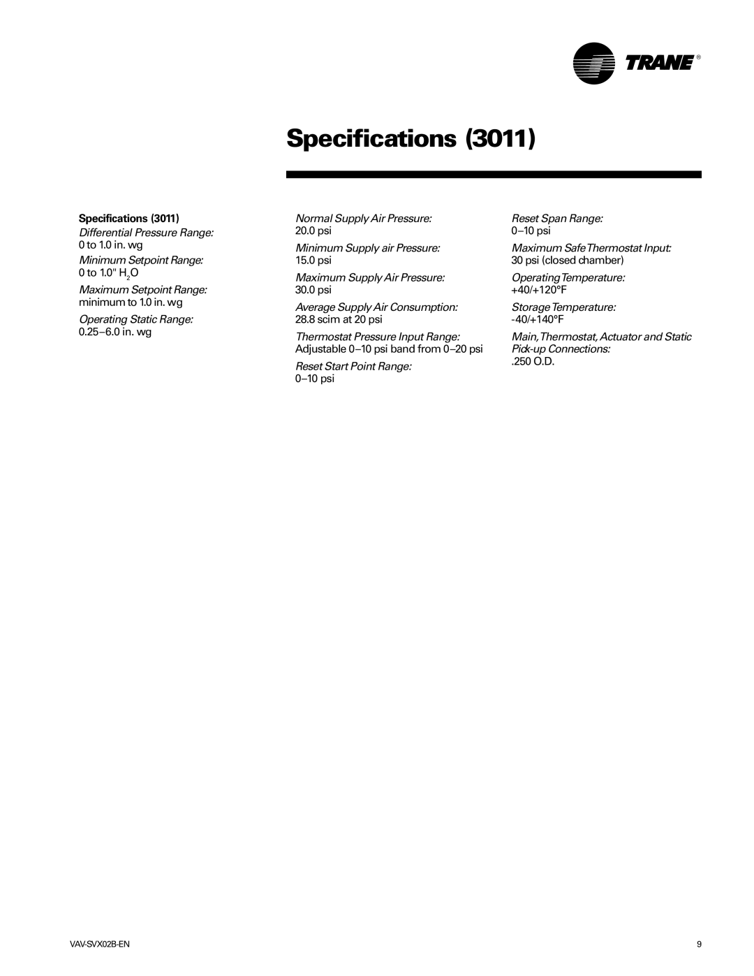 Trane VAV-SVX02B-EN manual Specifications 