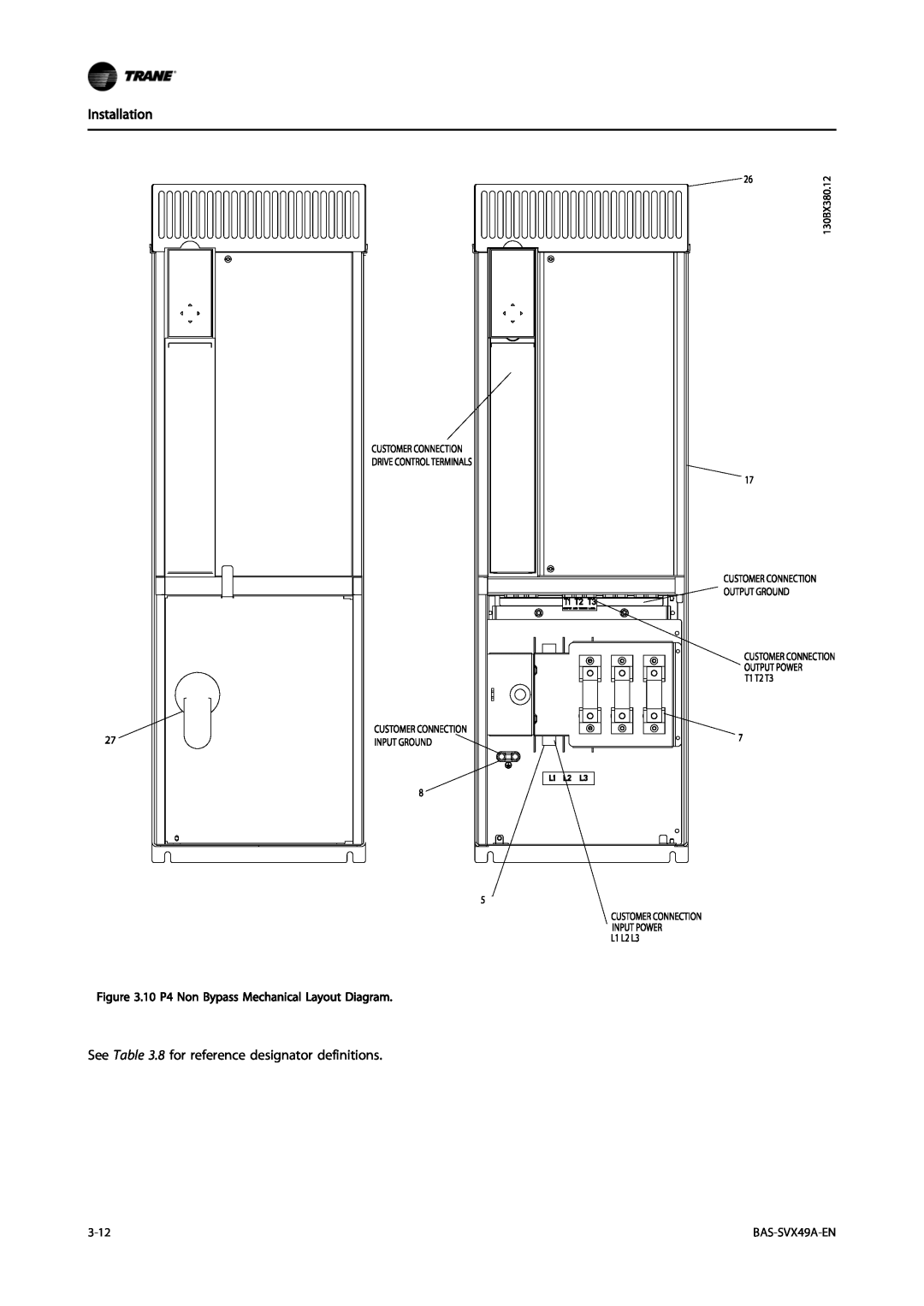Trane TR200, Vertical Bypass/Non Bypass Panel specifications Installation, 3-12, BAS-SVX49A-EN 