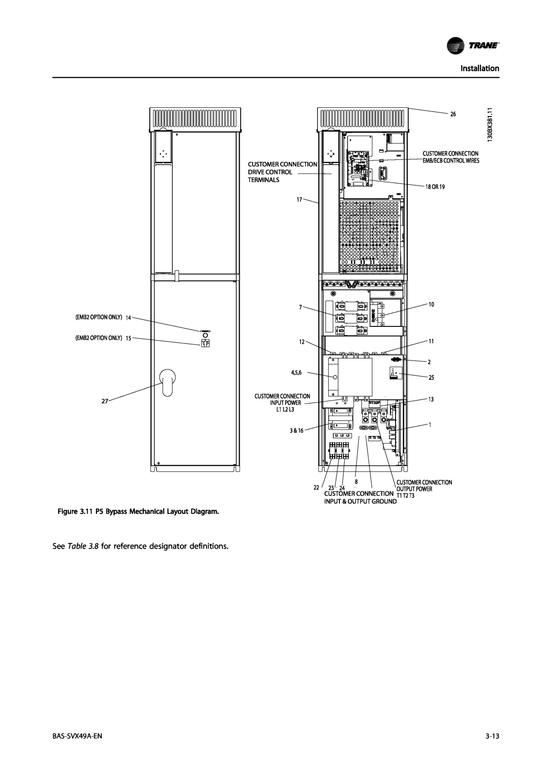 Trane Vertical Bypass/Non Bypass Panel, TR200 Installation, 11 P5 Bypass Mechanical Layout Diagram, BAS-SVX49A-EN, 3-13 