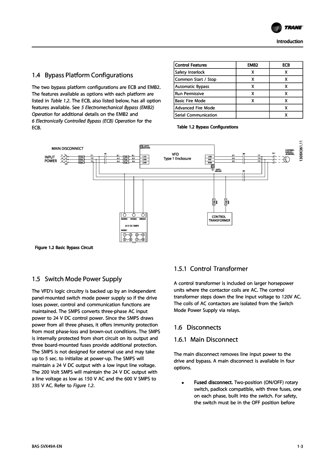 Trane Vertical Bypass/Non Bypass Panel Bypass Platform Configurations, Switch Mode Power Supply, Control Transformer 