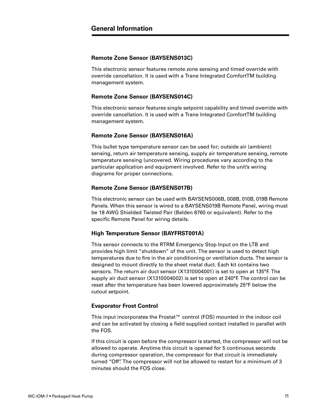 Trane WC-IOM-7 manual Remote Zone Sensor BAYSENS013C, Remote Zone Sensor BAYSENS014C, Remote Zone Sensor BAYSENS016A 