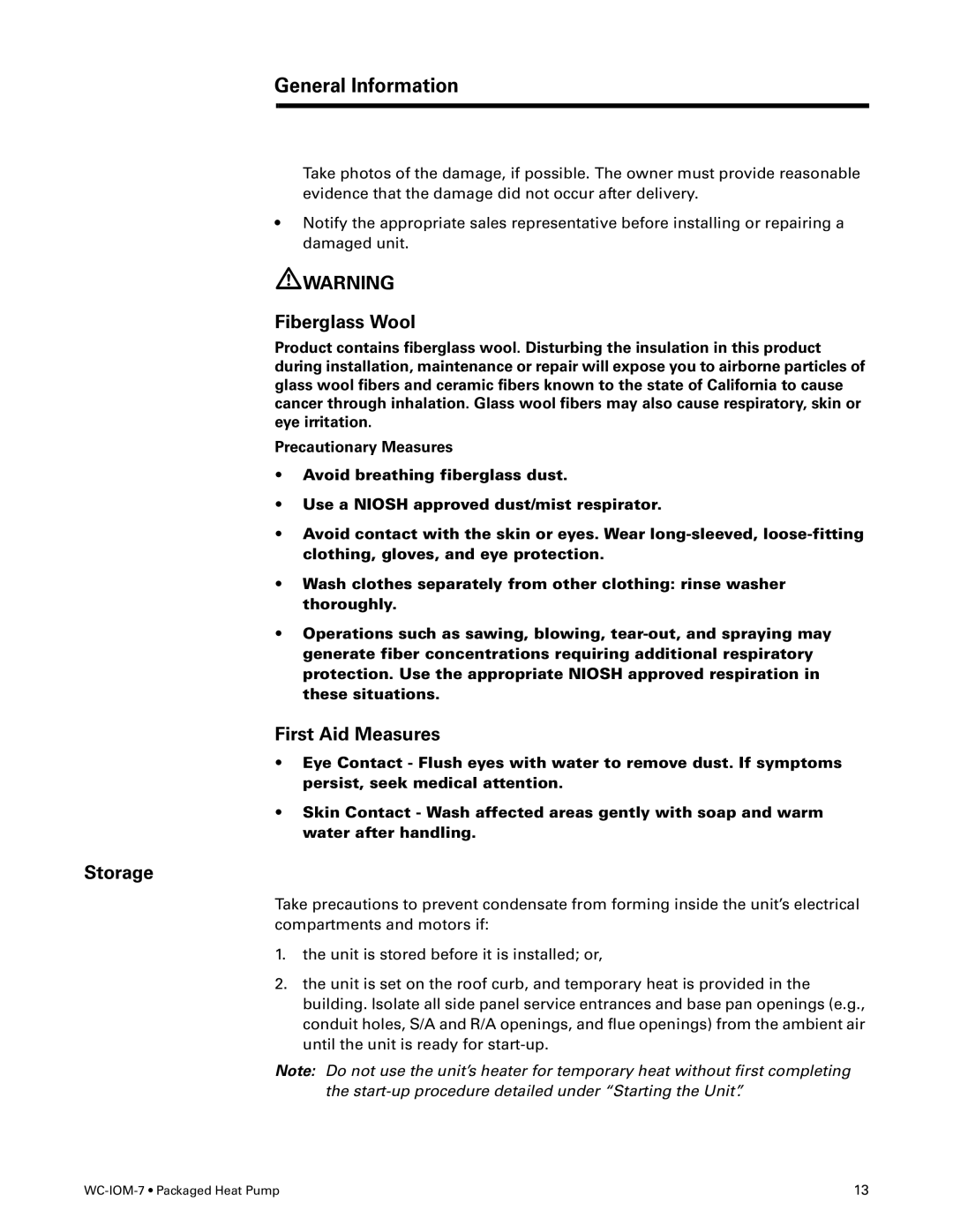 Trane WC-IOM-7 manual Fiberglass Wool, First Aid Measures, Storage 