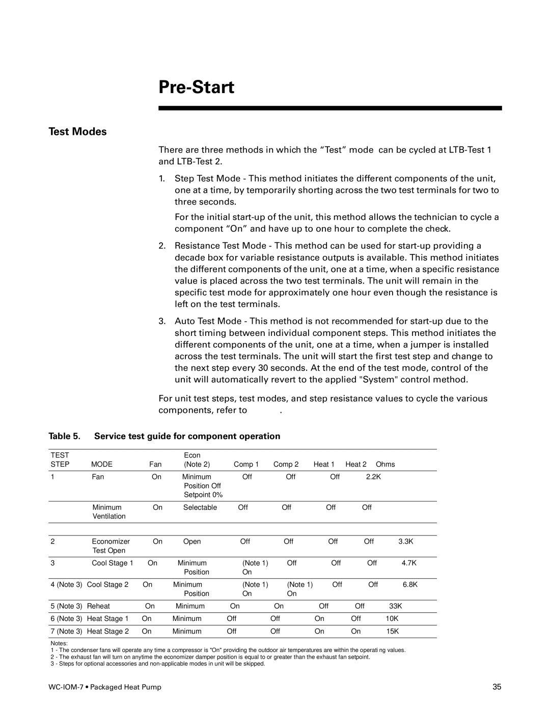 Trane WC-IOM-7 manual Pre-Start, Test Modes 