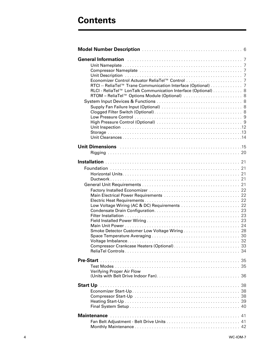 Trane WC-IOM-7 manual Contents 