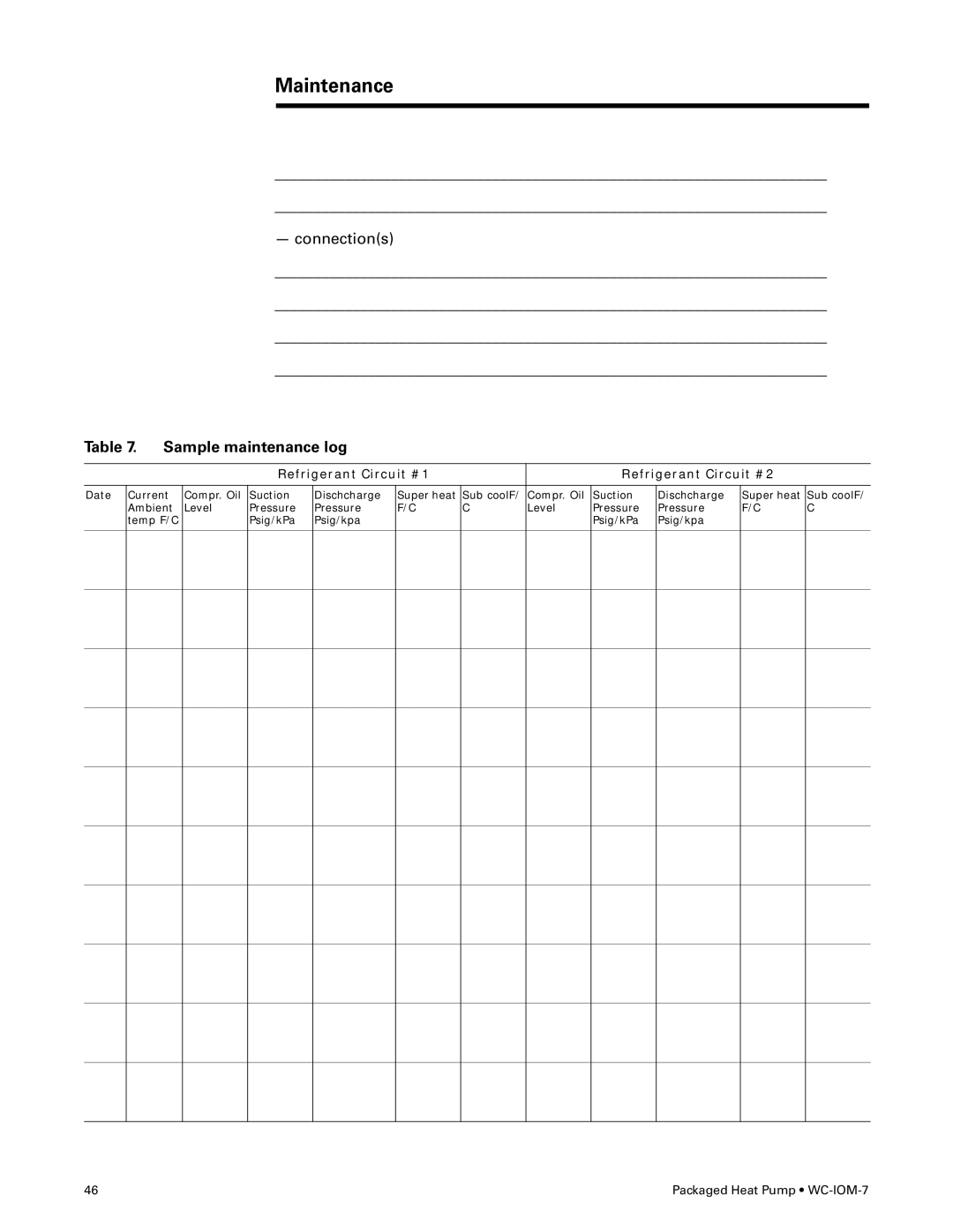 Trane WC-IOM-7 manual Sample maintenance log 