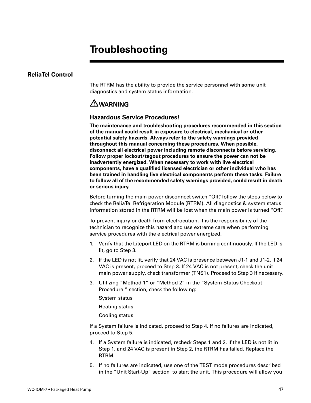 Trane WC-IOM-7 manual Troubleshooting, ReliaTel Control, Hazardous Service Procedures 