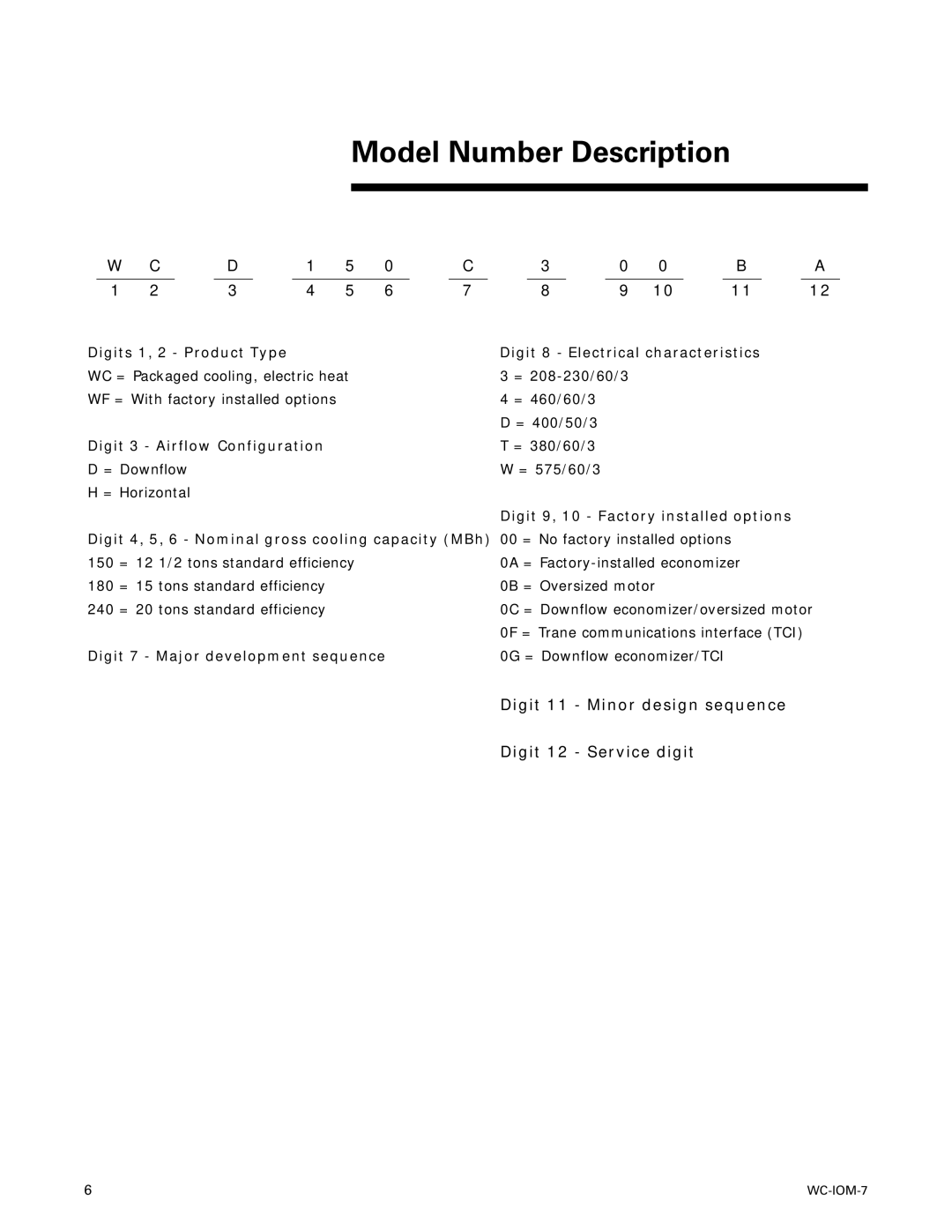 Trane WC-IOM-7 manual Model Number Description 