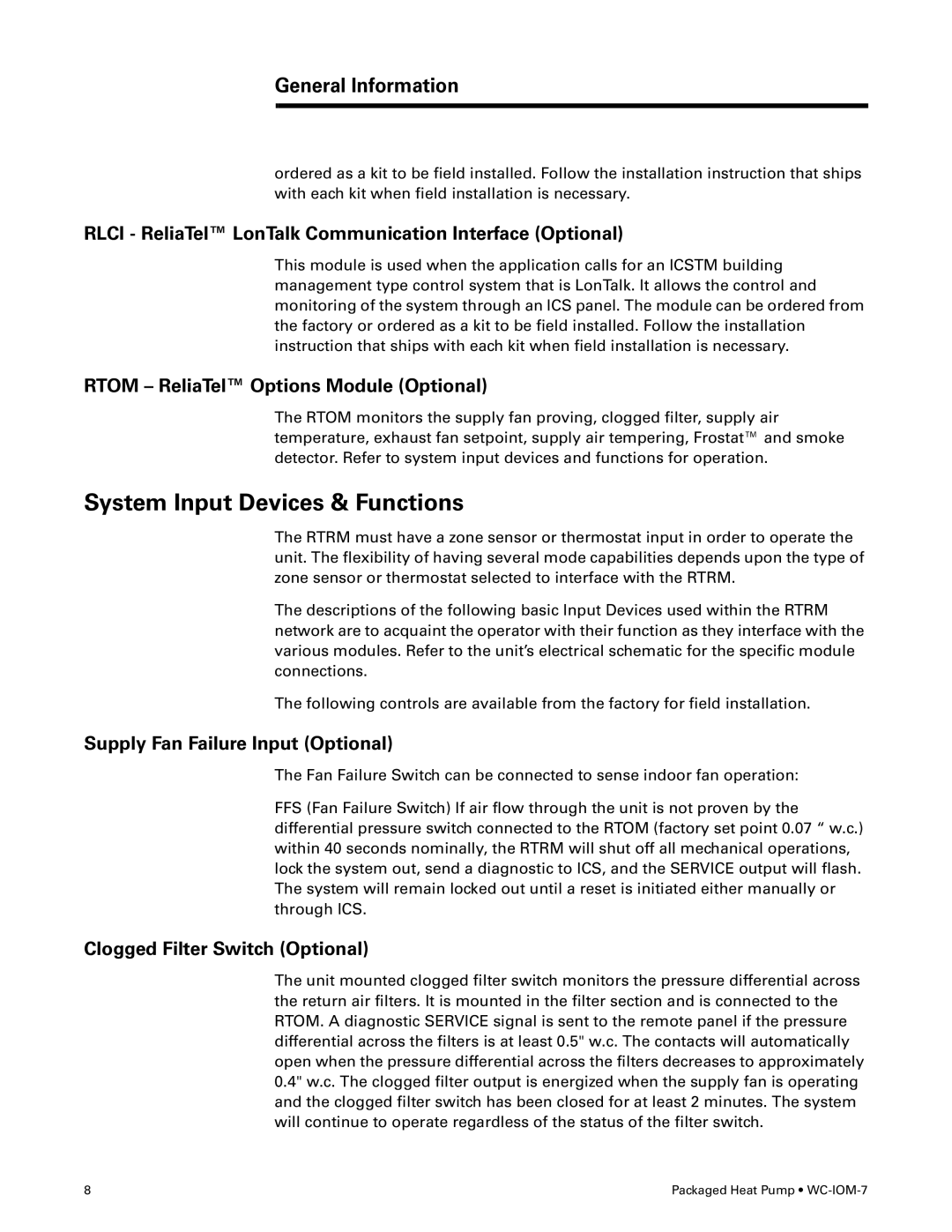 Trane WC-IOM-7 General Information, Rlci ReliaTel LonTalk Communication Interface Optional, Clogged Filter Switch Optional 