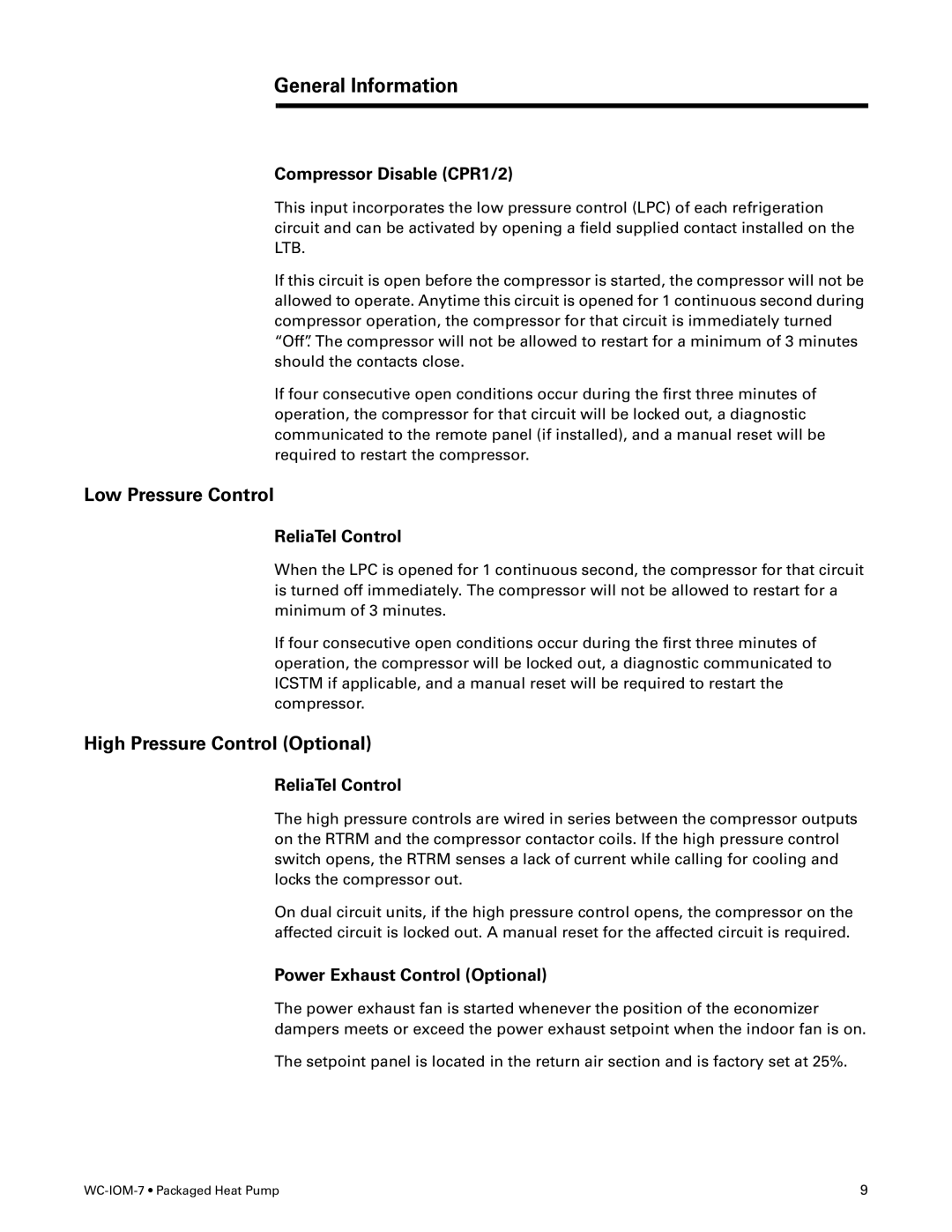 Trane WC-IOM-7 manual Low Pressure Control, High Pressure Control Optional, Compressor Disable CPR1/2, ReliaTel Control 