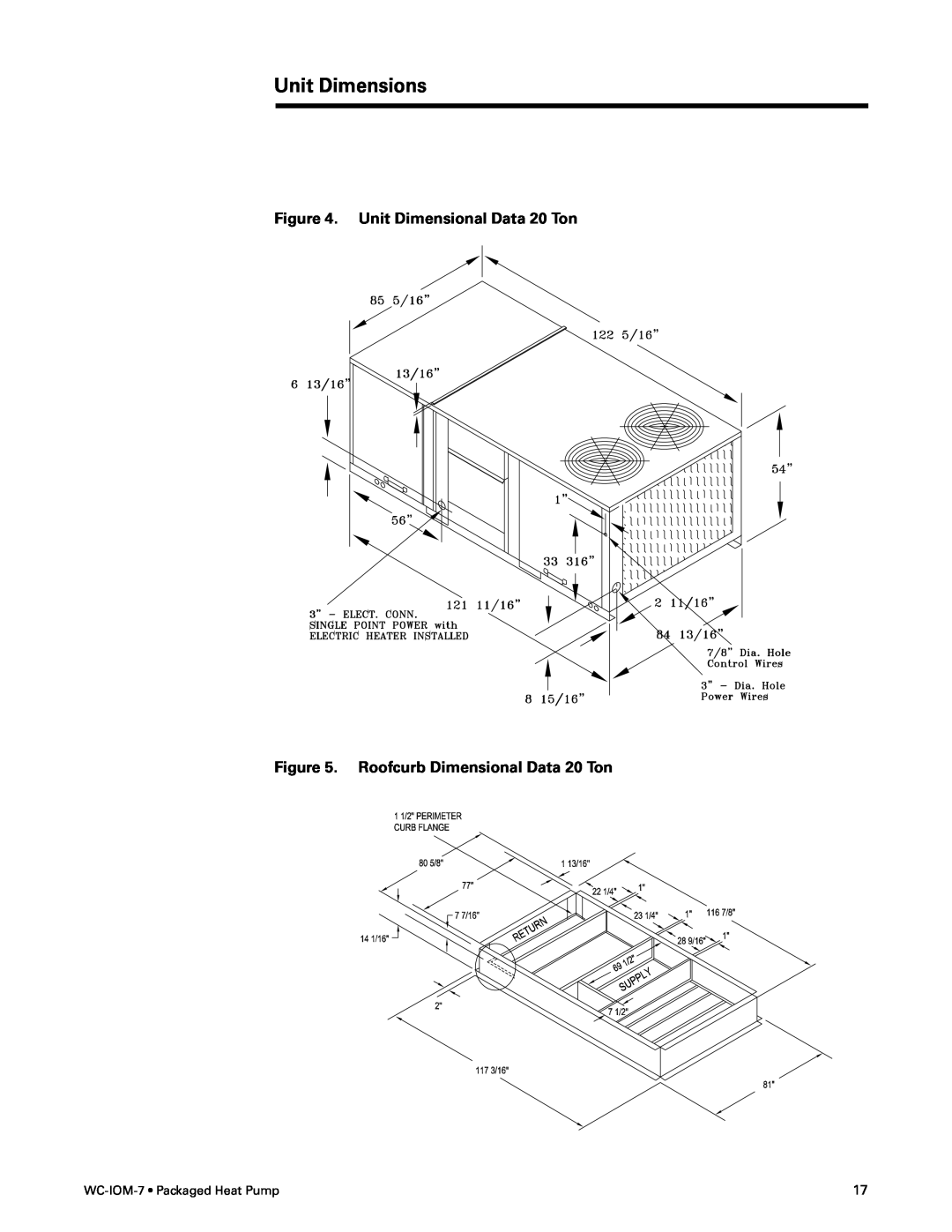Trane WC-IOM-7 manual Unit Dimensional Data 20 Ton, Roofcurb Dimensional Data 20 Ton, Unit Dimensions 