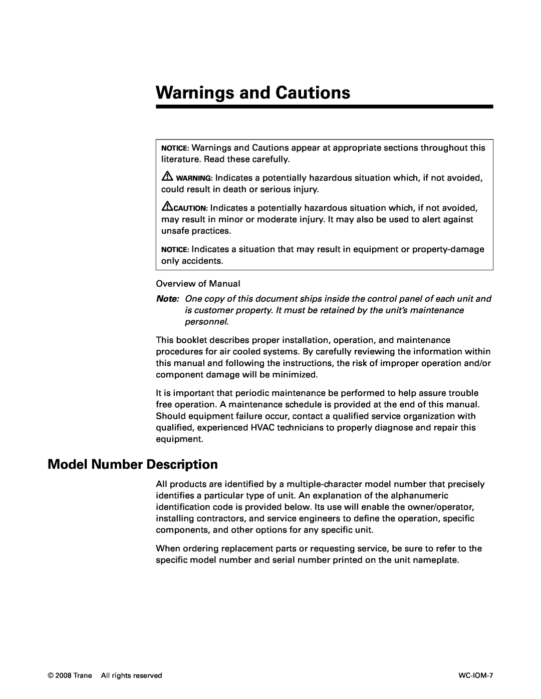 Trane WC-IOM-7 manual Warnings and Cautions, Model Number Description 
