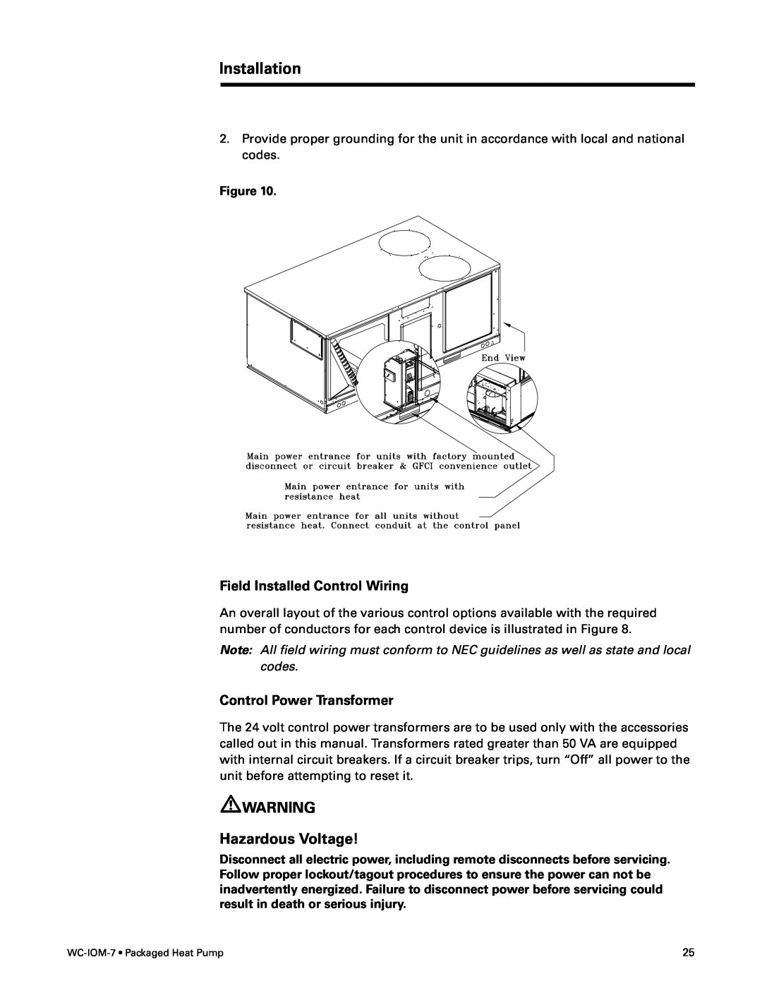 Trane WC-IOM-7 manual Hazardous Voltage, Field Installed Control Wiring, Control Power Transformer, Installation 