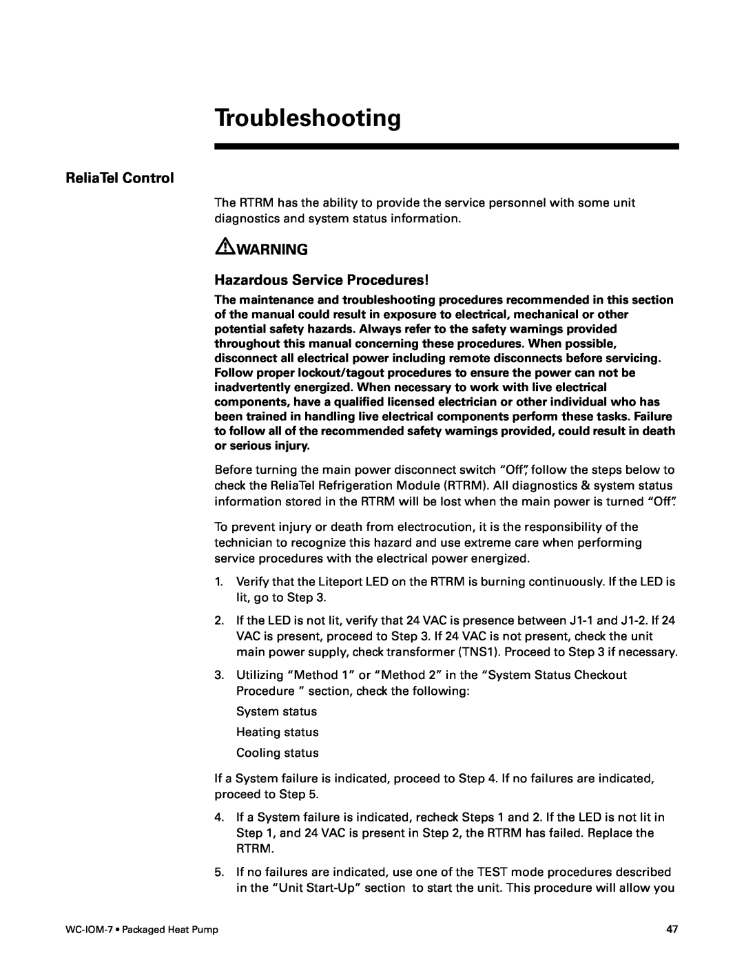 Trane WC-IOM-7 manual Troubleshooting, ReliaTel Control, Hazardous Service Procedures 