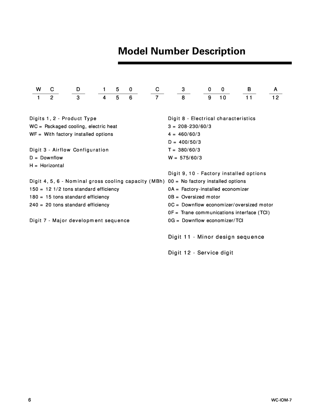 Trane WC-IOM-7 manual Model Number Description, Digit, Minor design sequence, Service digit 
