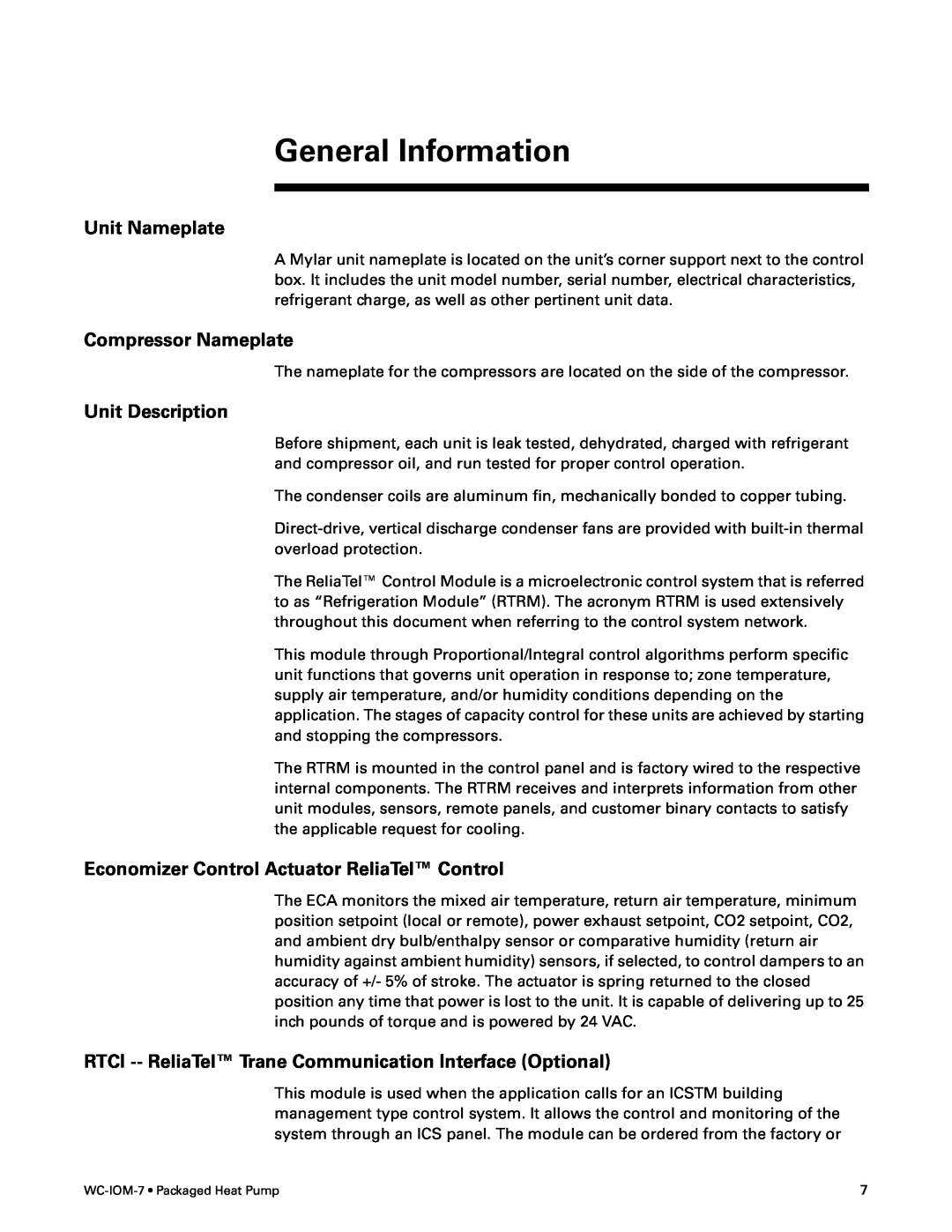 Trane WC-IOM-7 manual General Information, Unit Nameplate, Compressor Nameplate, Unit Description 