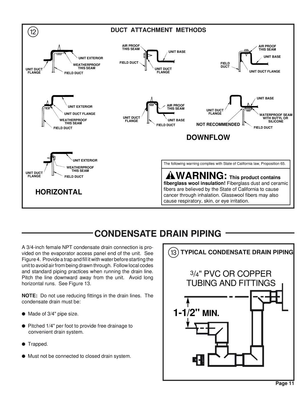 Trane WCY024G1, WCY042G1, WCY048G1, WCY036G1, WCY030G1, WCY060G1 manual Condensate Drain Piping, Duct Attachment Methods 