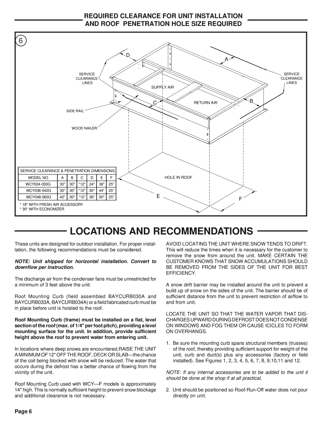 Trane WCY042G1, WCY048G1, WCY036G1, WCY030G1, WCY060G1, WCY024G1 manual Locations and Recommendations 