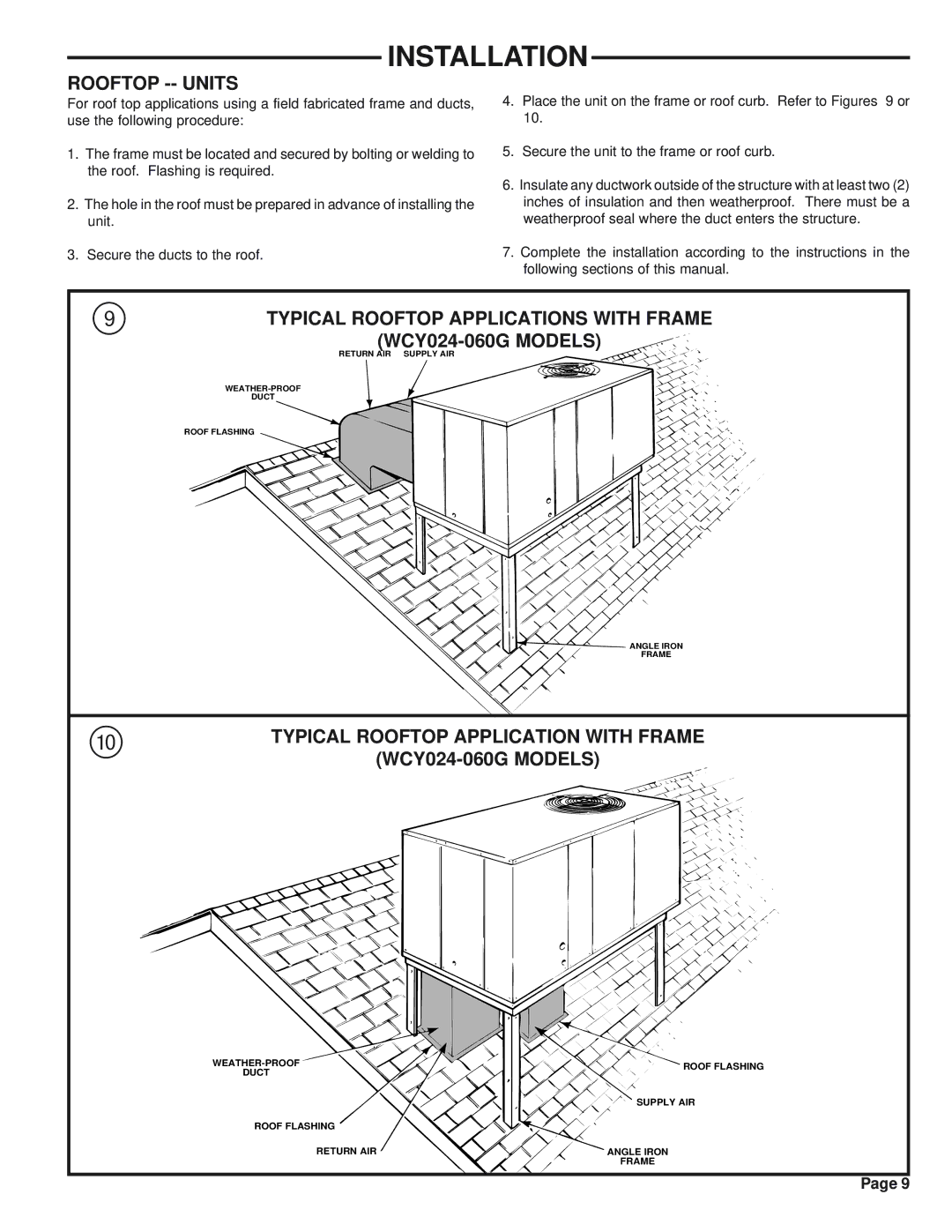 Trane WCY030G1, WCY042G1 Rooftop -- Units, Typical Rooftop Applications with Frame, Typical Rooftop Application with Frame 