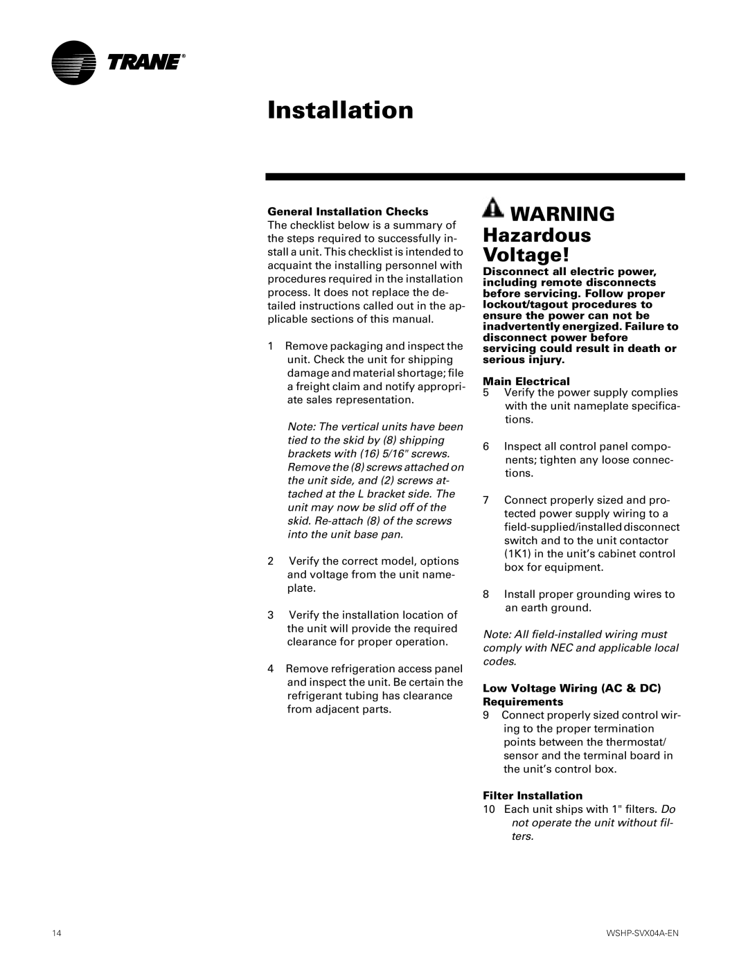 Trane WPHF, WPVJ manual Hazardous Voltage, General Installation Checks, Low Voltage Wiring AC & DC Requirements 