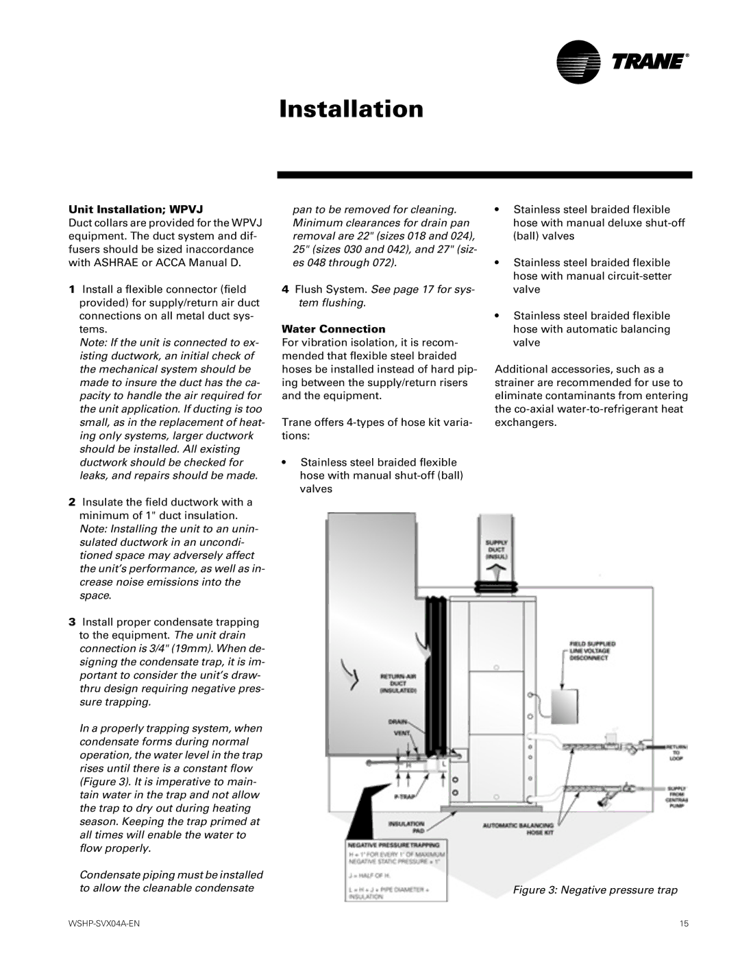 Trane WPVJ, WPHF manual Unit Installation Wpvj, Water Connection 