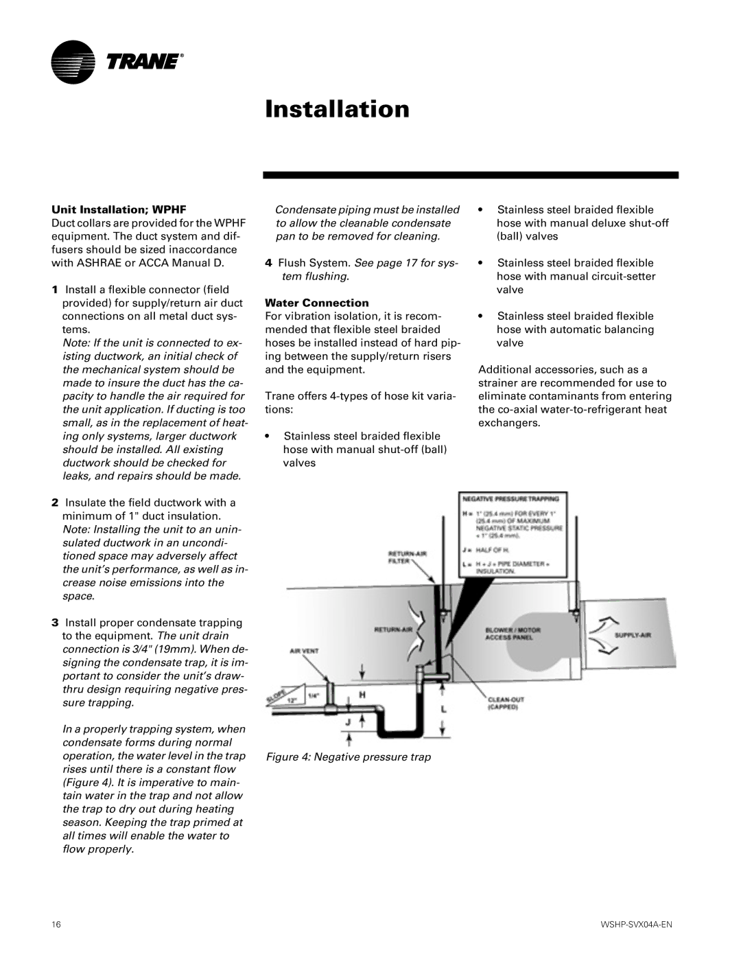 Trane WPHF, WPVJ manual Unit Installation Wphf 