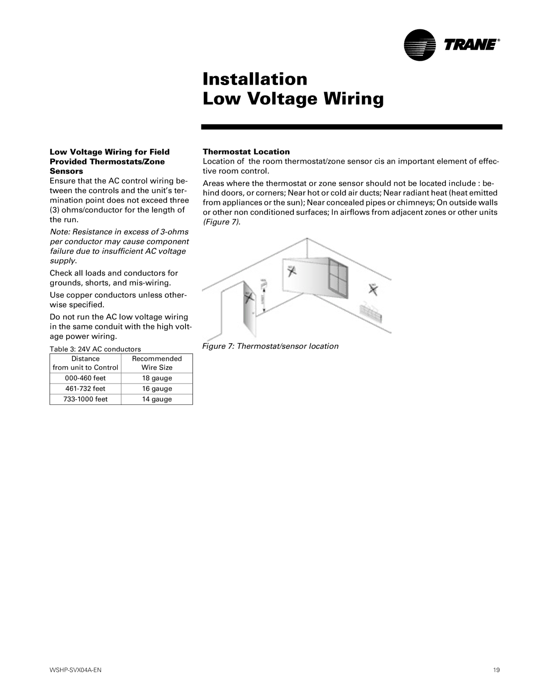 Trane WPVJ, WPHF manual Installation Low Voltage Wiring, Thermostat Location 