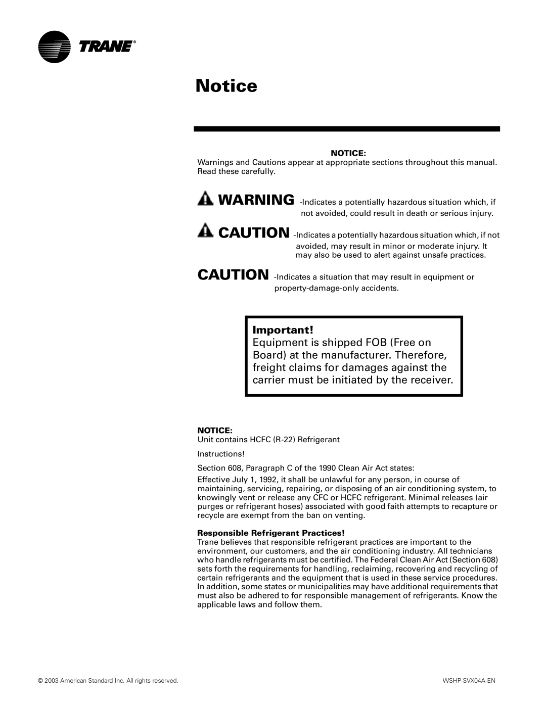 Trane WPHF, WPVJ manual Responsible Refrigerant Practices 