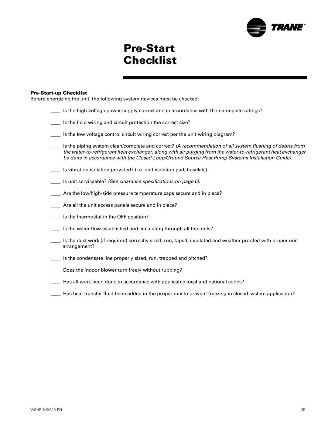 Trane WPVJ, WPHF manual Pre-Start Checklist, Pre-Start-up Checklist 