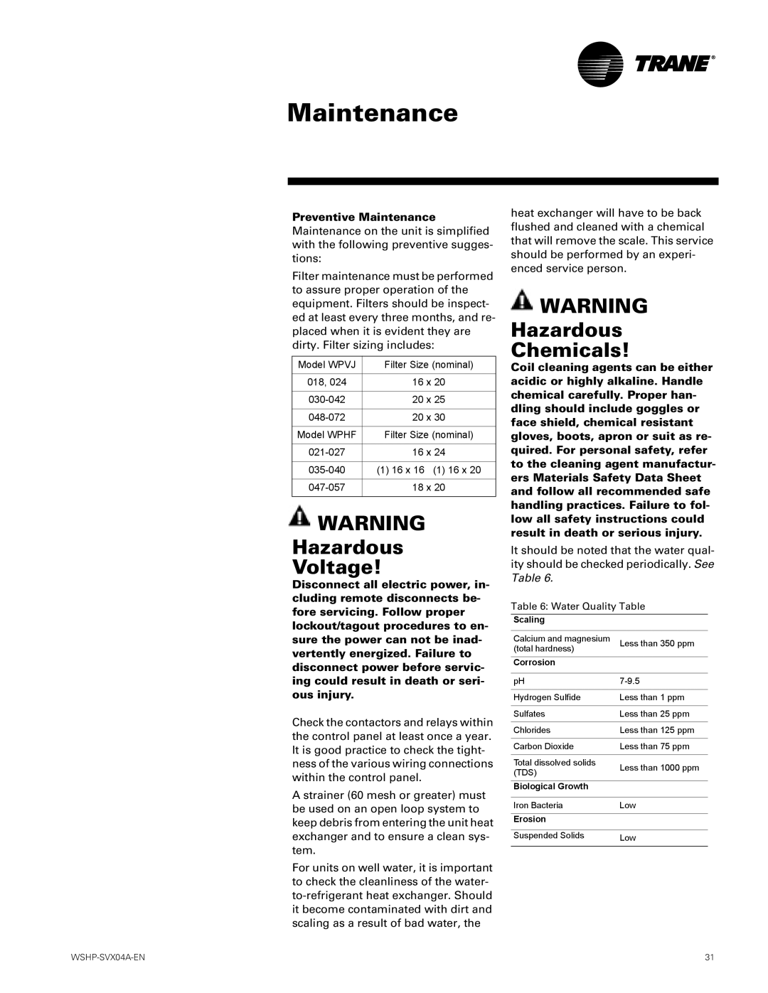 Trane WPVJ, WPHF manual Hazardous Chemicals, Preventive Maintenance 