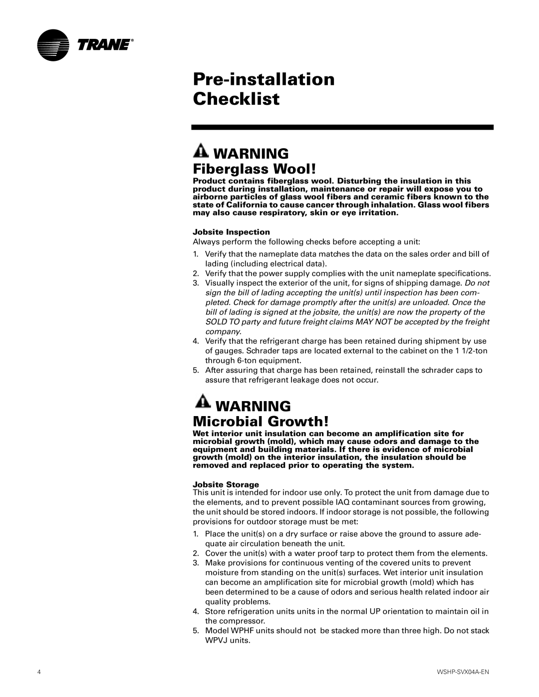 Trane WPHF, WPVJ manual Pre-installation Checklist, Fiberglass Wool, Microbial Growth 